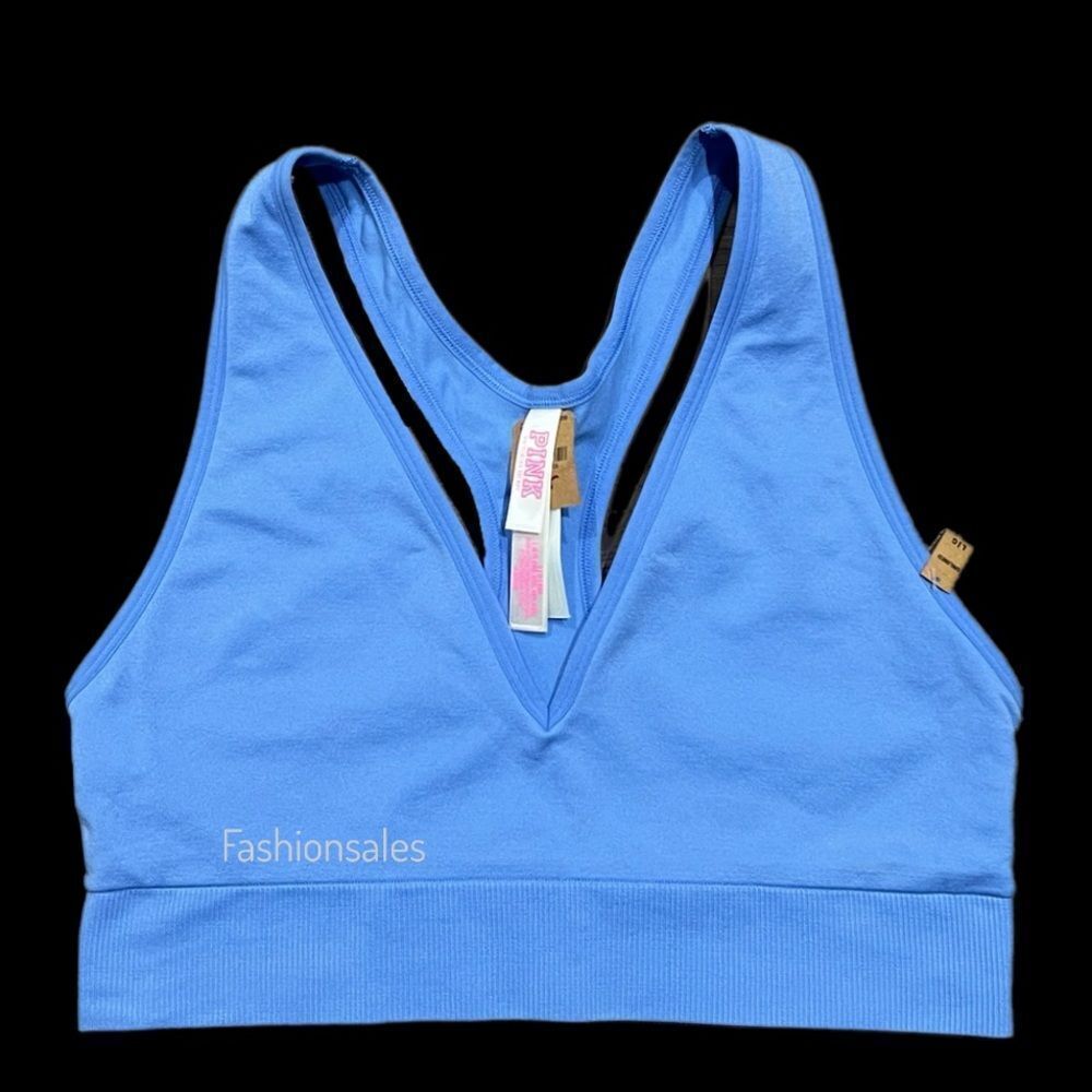 Victorias Secret Pink Active Seamless V Neck Unlined Gym sports Bra Blue Large